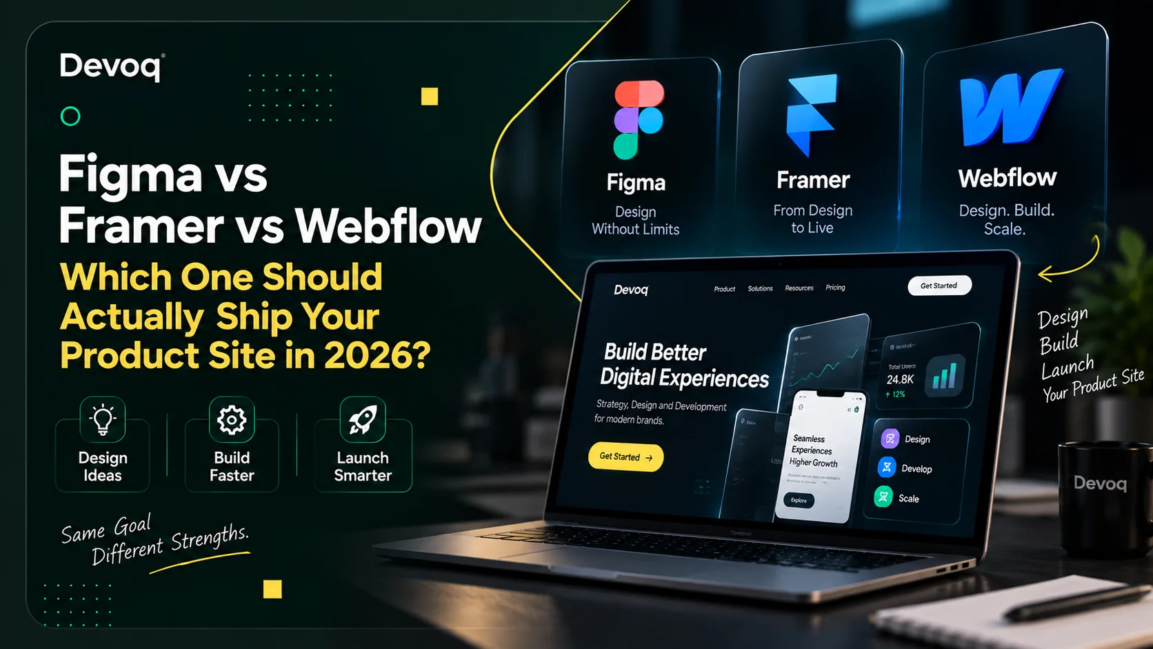 Figma vs Framer vs Webflow - Devoq Design blog cover